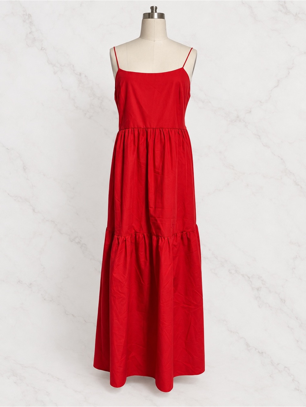 Commense Red Spaghetti-Strap Tiered Maxi Dress